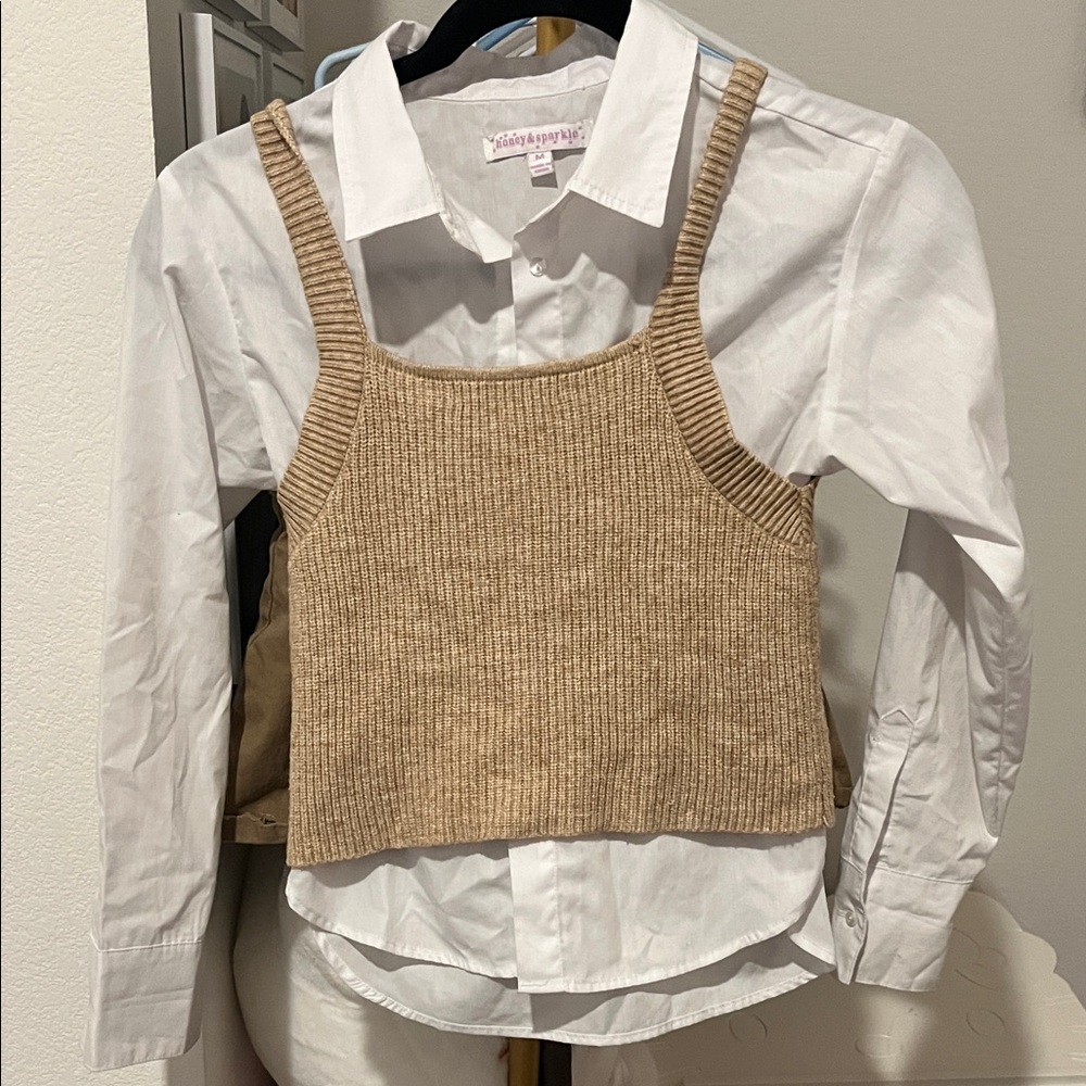 Tan Ribbed Knit Tank Top Over White Shirt & Brown Tractr Skirt